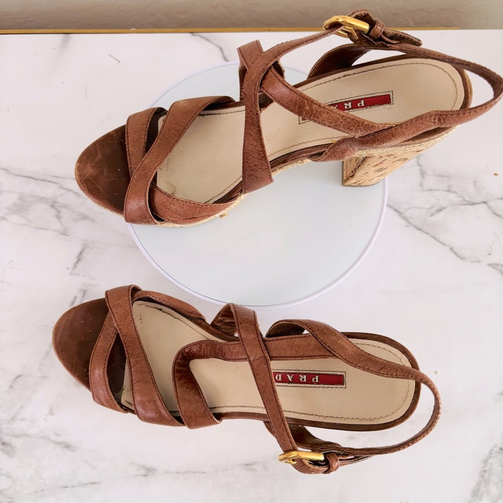 Prada Authentic Women’s Brown Strappy Sandals Cork Style Heel Size IT 38 or US 8 - Picture 3 of 10